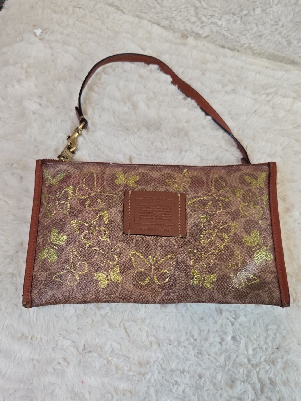 Coach Brown Wristlet with Gold Butterfly Handpainted